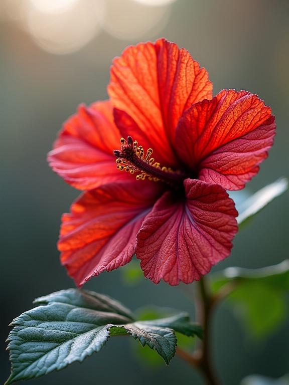 Single flower with intricate petals and leaves is a Middlemist red variety. Focus on details of the flower and the leaves around it. Background has soft and diffused light.