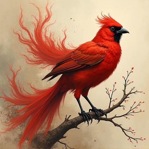Imaginary design inspired by a mythological bird. Depicts vibrant vermillion color. Incorporates natural elements like branches and abstract forms. Emphasizes earthy and artistic themes without using a real bird image.