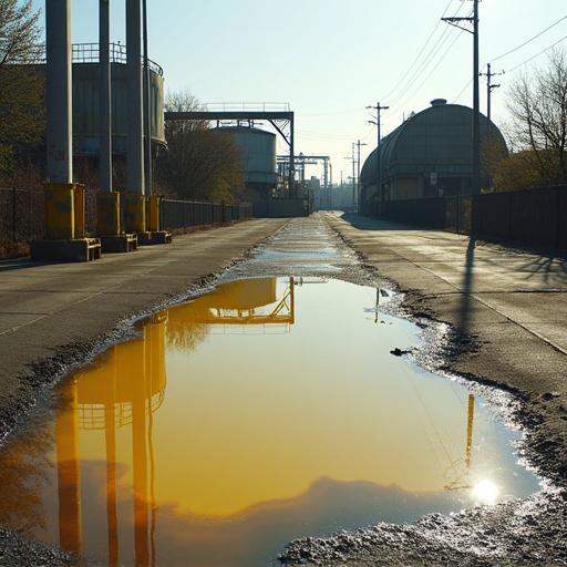 Industrial setting with an oil tank leak. Pale yellow transparent liquid spreads across ground. Light and shadow enhance liquid's transparency, creating reflections. Focus on the industrial landscape and nature of the leak.