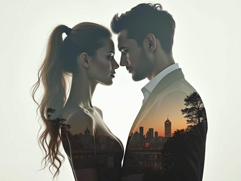 Double exposure imagery featuring a woman and a man silhouette. The background displays an urban landscape. Full body view of the couple.