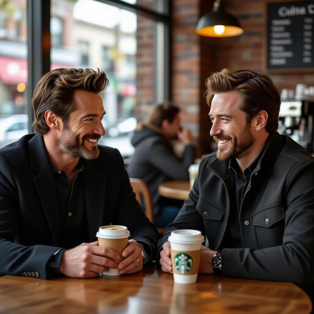 Ultra realistic image of two men enjoying coffee at Starbucks. Characters inspired by Hugh Jackman and James McAvoy are seated at a wooden table. They hold coffee cups and engage in conversation. The cafe ambiance includes large windows and warm lighting.