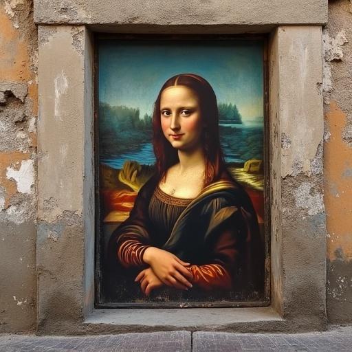 Mona Lisa mural on a weathered wall in a Brazilian favela. Background features natural scenery. The artwork contrasts with the urban environment.