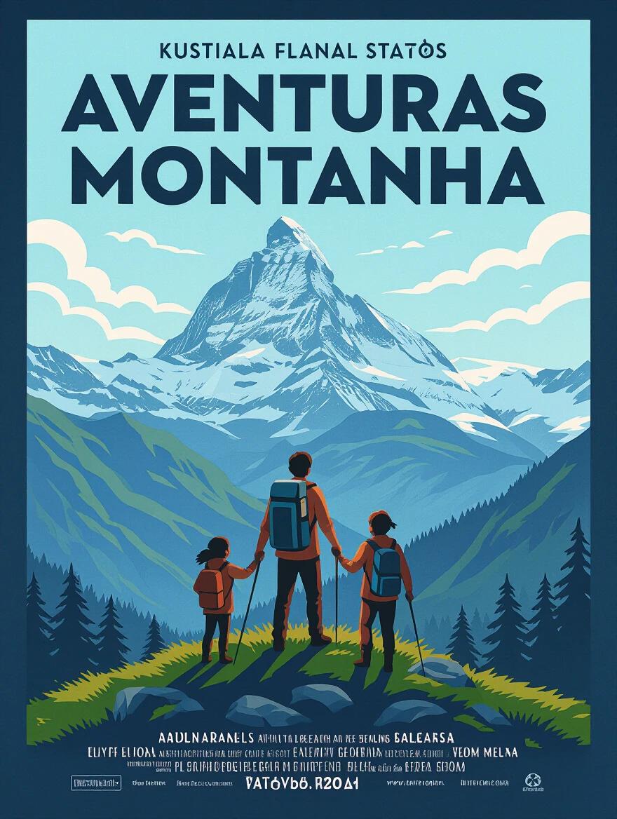Bright movie poster design for Aventuras na montanha. Features two hikers standing before a large mountain. Bold typography on the top with bright colors. Emphasizes outdoor adventure and nature.