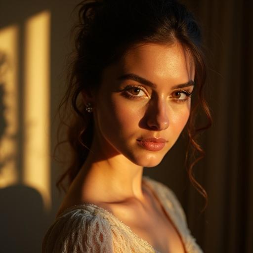 A woman in elegant attire poses for a portrait. Warm golden sunlight bathes her. Soft shadows dance across her face. Her refined cheekbones and subtle smile are accentuated. Style influenced by Da Vinci, Caravaggio, and Waterhouse.