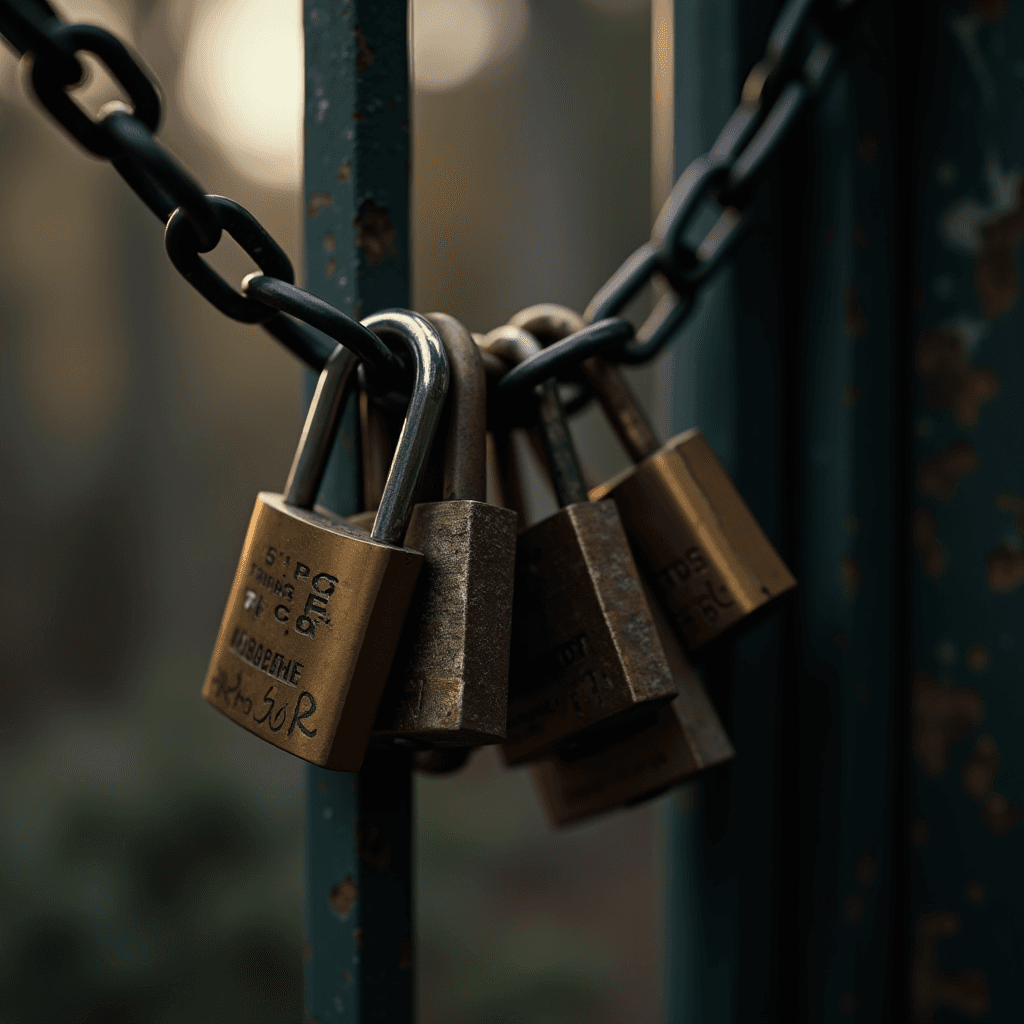 A cluster of weathered locks attached to a rusted chain on a metal gate.