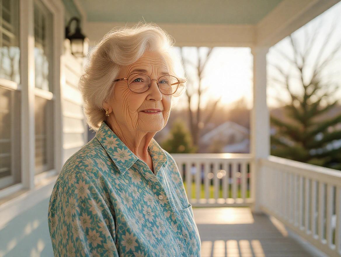 Photo-realistic image of an elderly woman standing on her sunlit porch with a warm smile. Soft background with trees and houses visible.