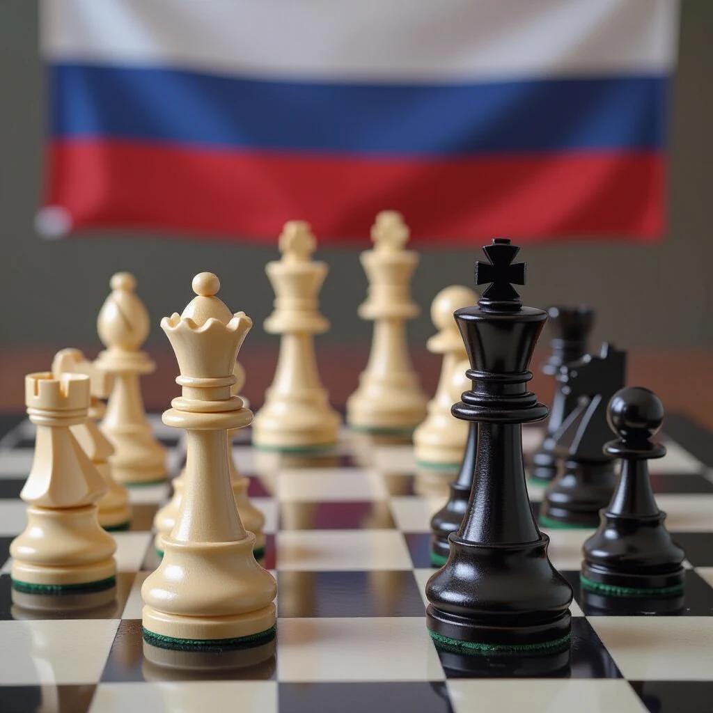 A chessboard features black and white pieces. A Russian flag hangs in the background. The game setup illustrates strategic positions. The focus is on the chess pieces aligned for play.