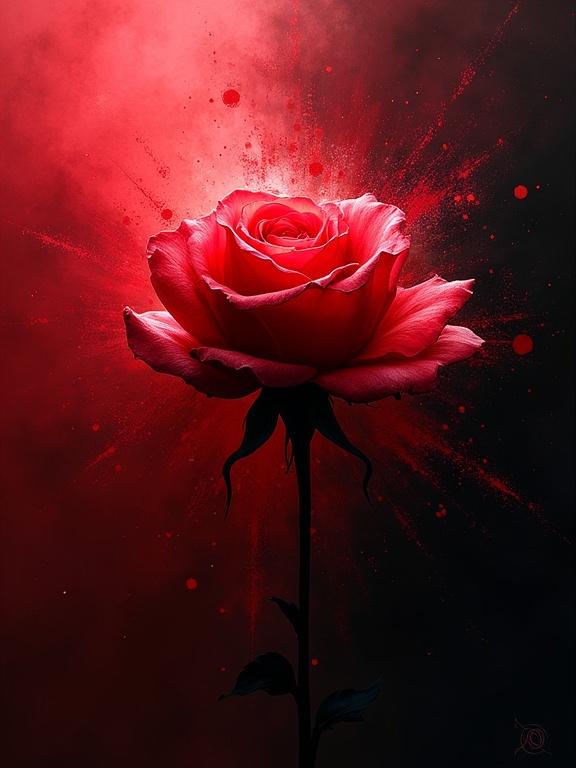 Exploding rose in abstract painting. Intense red and black colors. Digital art with expressionistic style. 8K resolution with dynamic splatters and bright core. Chaotic lighting effects.