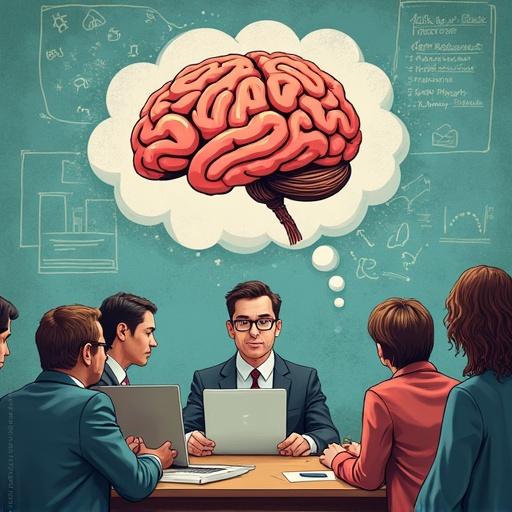 A brainstorming session with a large illustrated brain above a group of professionals. They are engaged in discussion and idea sharing. Individuals are seated around a table with laptops.