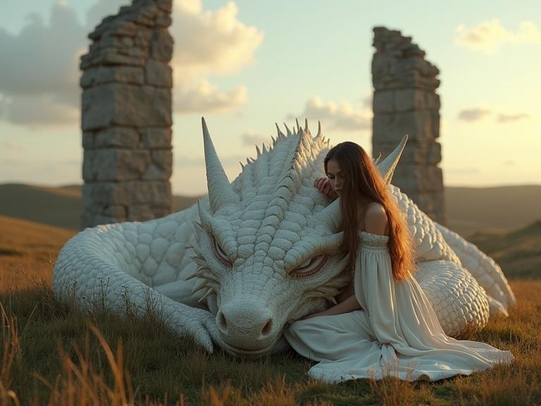 A vast cinematic landscape with Norse and Greek ruins at twilight. Open sky over rolling grasslands. Two colossal ruined stone pillars in the foreground. A massive white dragon's head lies between the pillars, smooth scales, overgrown with moss. A beautiful woman in medieval robes caresses the dragon's head with a calm expression. The dragon's eyes are closed, breathing softly. Emotional intimacy and awe-inspiring scale depicted. Photorealistic textures, cinematic lighting in golden hour.
