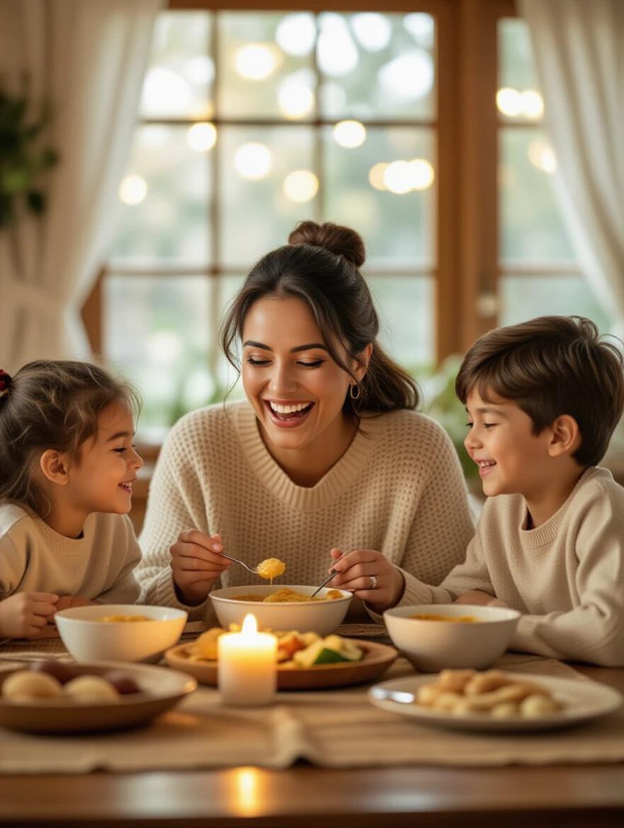Family gathered around a table enjoying a simple meal. Mother laughing with children. Everyone looks happy and relaxed. Soft candlelight enhances emotional intimacy. Close-up capture of joyful moments.