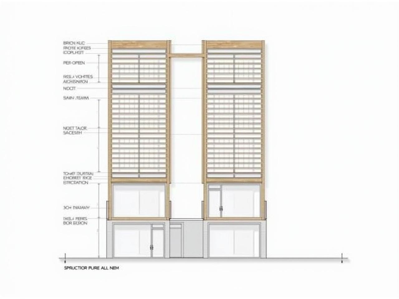 The image shows a building elevation drawing. It features two tall sections with large windows and horizontal lines indicating balconies. The upper part has a clean architectural design with alternating layers of wooden and glass elements. The lower section consists of a series of rectangular panels, possibly for storefronts or entrances. Additionally, there are annotations on the side, showing measurements and details relevant to the structure. The overall layout suggests a modern design, with a focus on symmetry and openness.