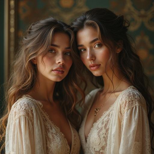Portrait of two women with long hair wearing lace dresses. Soft lighting and warm color tones create an elegant atmosphere.