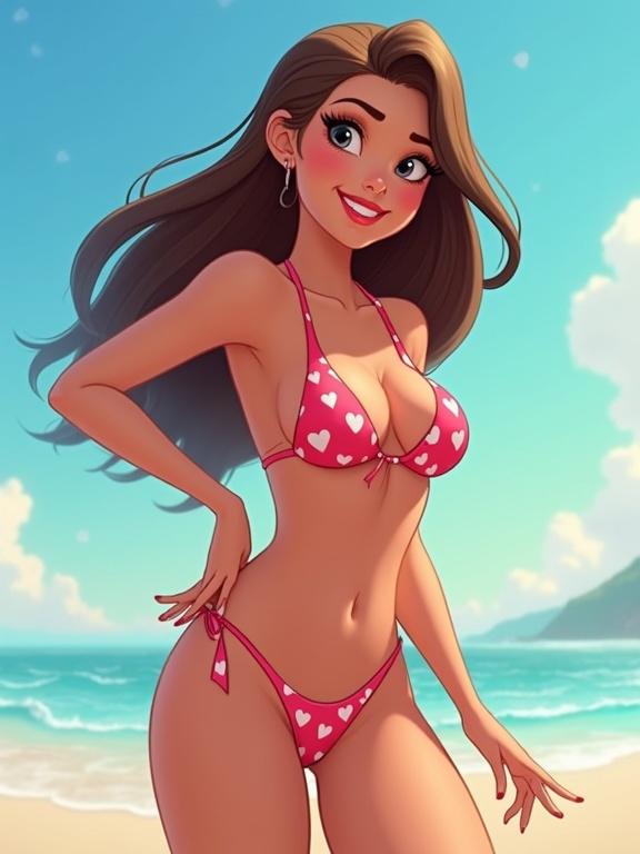 A young woman stands on the beach wearing a bikini with heart patterns. She has long flowing hair and poses confidently in the sunlight. A blurred face adds to the artistic style. The background features a vibrant beach scene.