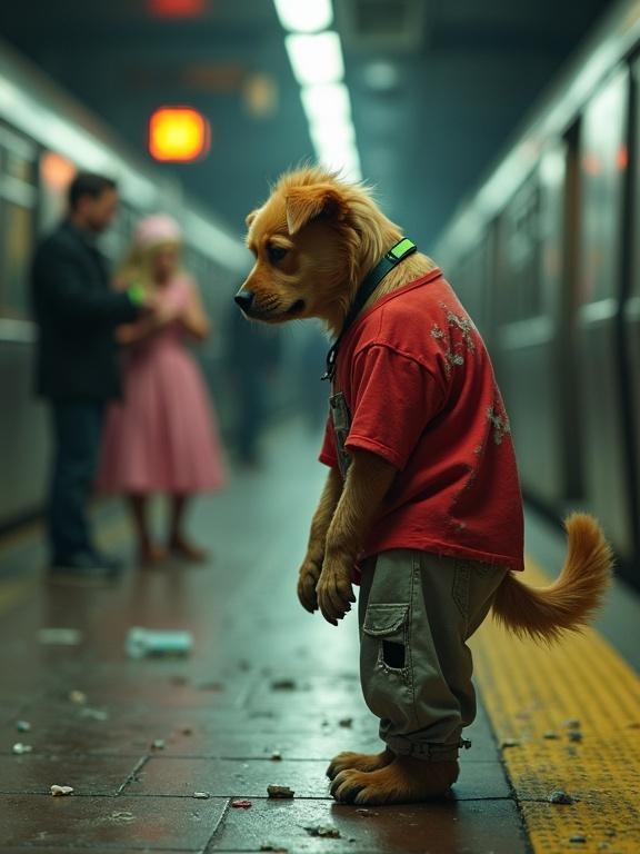 A cinematic gritty scene on a crowded subway platform at rush hour. Grimy tiles and flickering lights create shadows. Floor littered with tickets and cups. Blurred trains in background. Poordog a small anthropomorphic puppy stands slouched in foreground wearing a distressed red T-shirt and faded gray sweatpants. Nearby two puppies mock him with smartwatches. Shot from a high angle to show vulnerability in a hyper-detailed 8K rendering.
