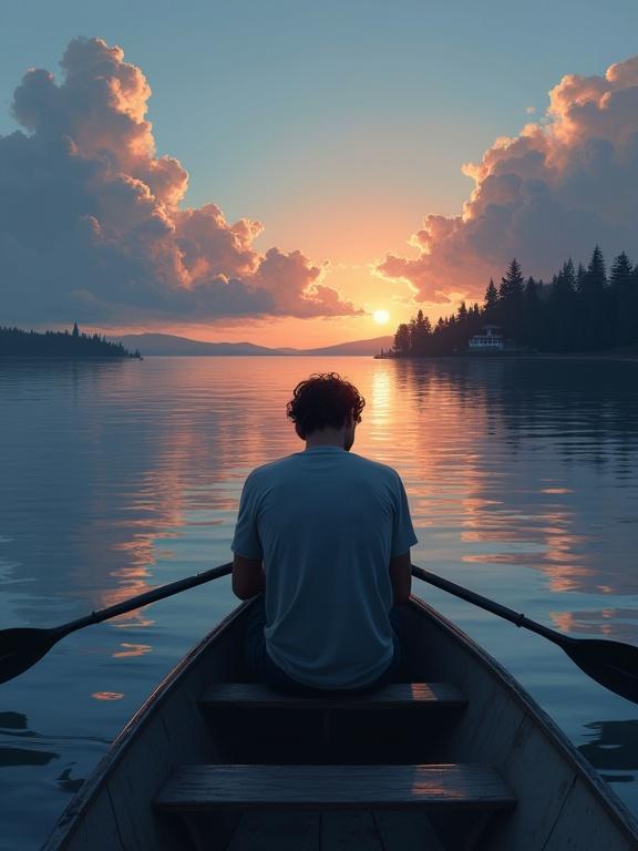 Concept art style, digital painting, semi-realistic scene of a tranquil lakeshore at twilight. Young man with dark hair, wearing a light shirt, hunched in a rowboat, gazing into silent water. Gentle waves glimmering under clouds. Distant silhouette of lakeside villa represents solitude and despair.
