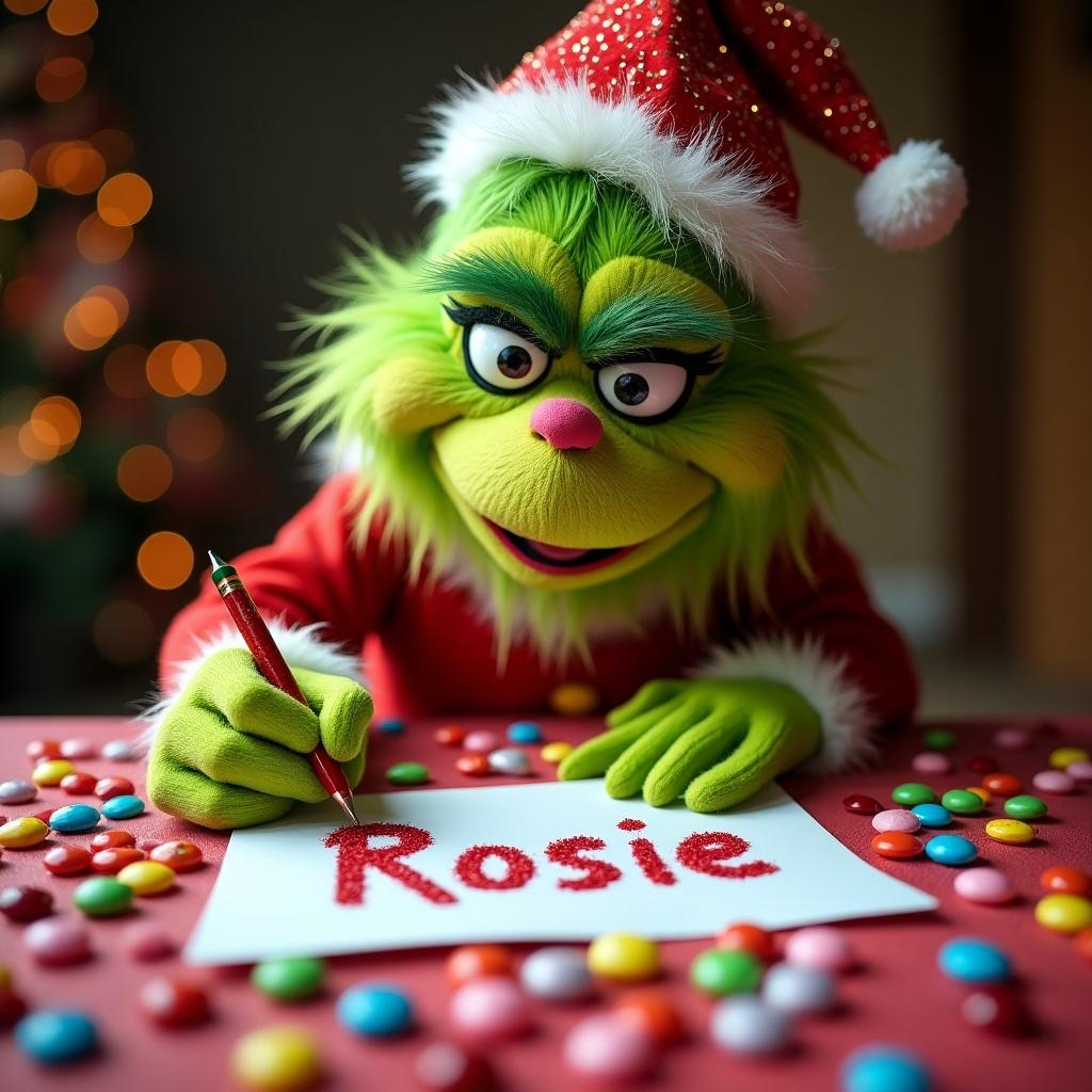 A multicoloured sparkly grinch is writing the name 'Rosie' on a table full of candy. The scene is festive and bright.