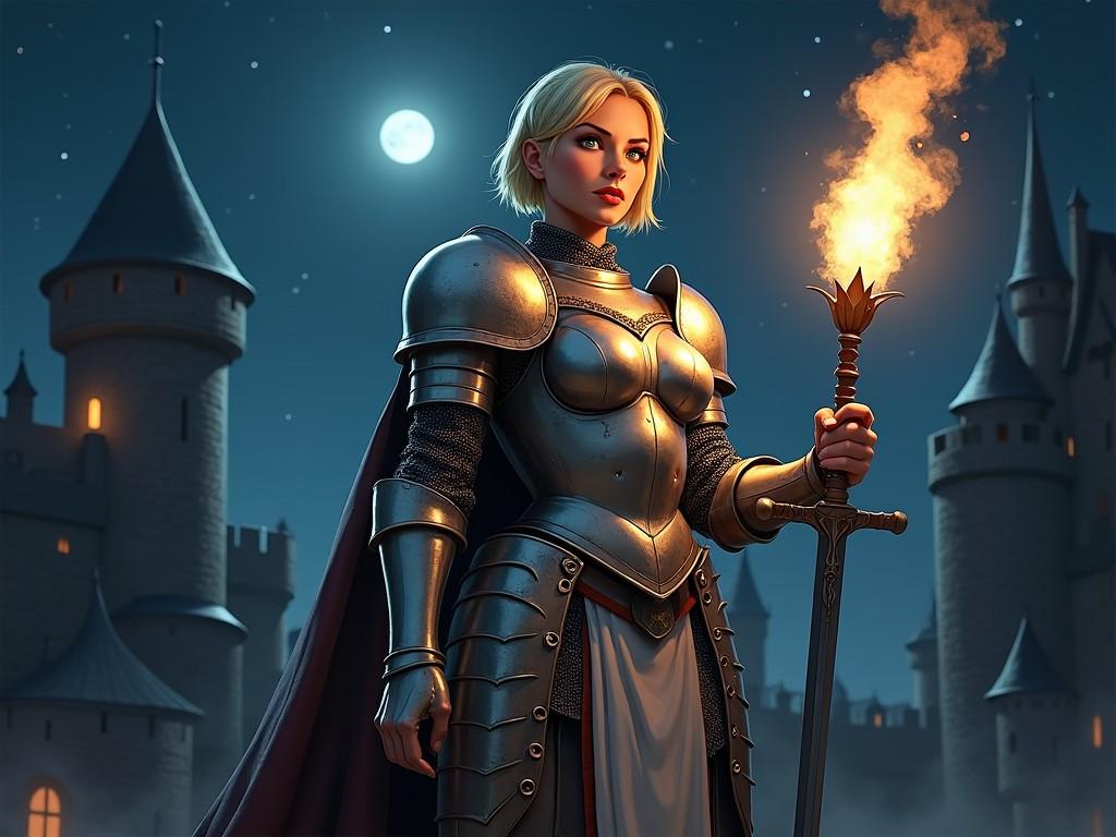 This captivating image depicts a female knight standing resolutely under the moonlight, clad in shining armor. She holds a torch in one hand, casting a warm glow, while her expression is one of determination and strength. The backdrop of a medieval castle against the starlit sky adds an element of mystique and historical fantasy, creating a scene both enchanting and empowering.