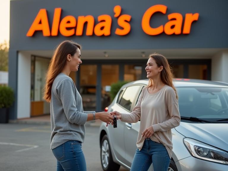 High-resolution stock photo featuring car salesperson handing over keys to happy customer in front of Alena's Car dealership in Sevilla. Salesperson and customer are casually dressed and smiling. A mid-range silver car is parked nearby. Warm lighting enhances the friendly atmosphere of the interaction. Realistic and relatable scene at an urban dealership.