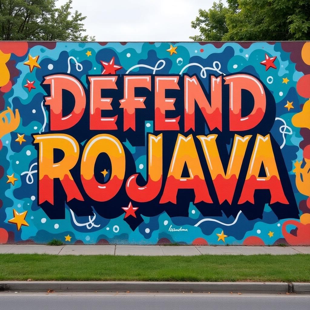 Large colorful graffiti mural displays the phrase DEFEND ROJAVA. The artwork includes stars and abstract elements around the word. Grass is present on the sidewalk in the street view.