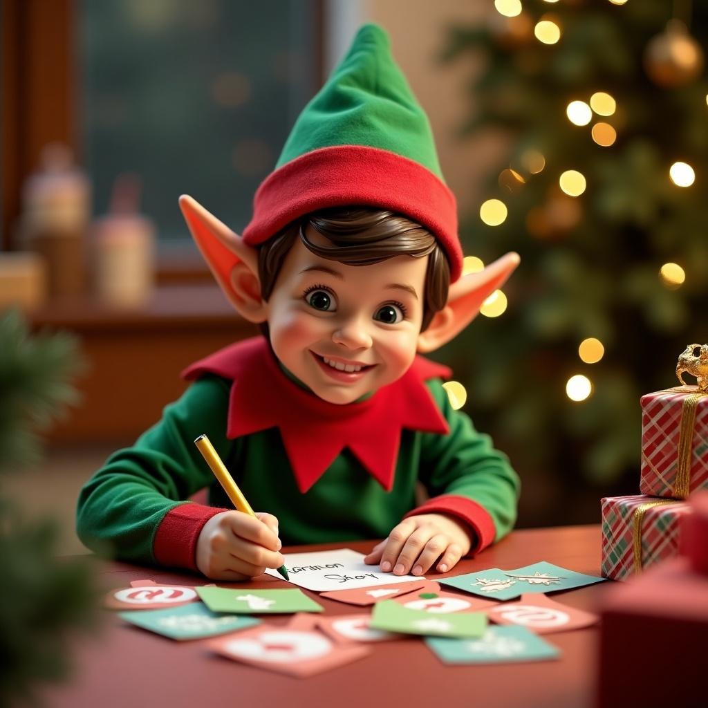 A cheerful Christmas elf is seated at a red table, scribbling a name on a piece of paper. The elf wears a bright green and red outfit, complete with pointed ears and a festive hat. Surrounding this adorable figure are colorful holiday decorations, including wrapped gifts and twinkling lights in the background. The setting is cozy, evoking a sense of warmth and festive cheer. This scene embodies the spirit of Christmas, highlighting the joy of gift-giving and holiday preparations.