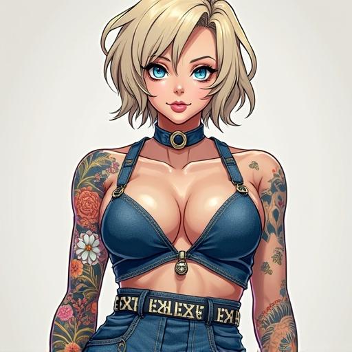 Anime character of a 52-year-old woman with a beautiful face. She has short, light blonde wavy hair and frosted blue eyes. The character wears a high fashion edgy denim printed dress. She's half Japanese and half Saiyan, with colorful traditional tattoos on her arms. The character has an elegant yet casual look, with light pink lipstick and nails. She exudes confidence in a front cover of a luxurious magazine.