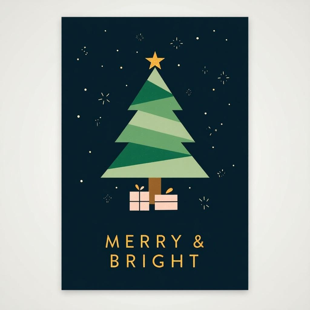 A sleek modern Christmas card design features a stylized, minimalist Christmas tree made from geometric shapes. The tree is in shades of green with a gold star on top. It sits against a deep navy blue background adorned with subtle stars and snowflakes. At the base of the tree, there is a small stack of wrapped presents, enhancing the festive feel. Beneath the tree, bold gold letters proclaim 'Merry & Bright,' set in a clean, contemporary font.