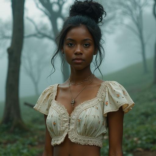 High quality portrait of Afro-descendant female with delicate features. She has blue eyes and a piercing gaze. Features an oval jawline, full lips, and dark skin with a radiant glow. Outfits include a flowy peasant blouse and high-waisted shorts, blending rustic and contemporary styles. Set in a foggy forest with ancient trees. Features dynamic lighting and high-grain texture. Shot on film with 24-70mm lens.