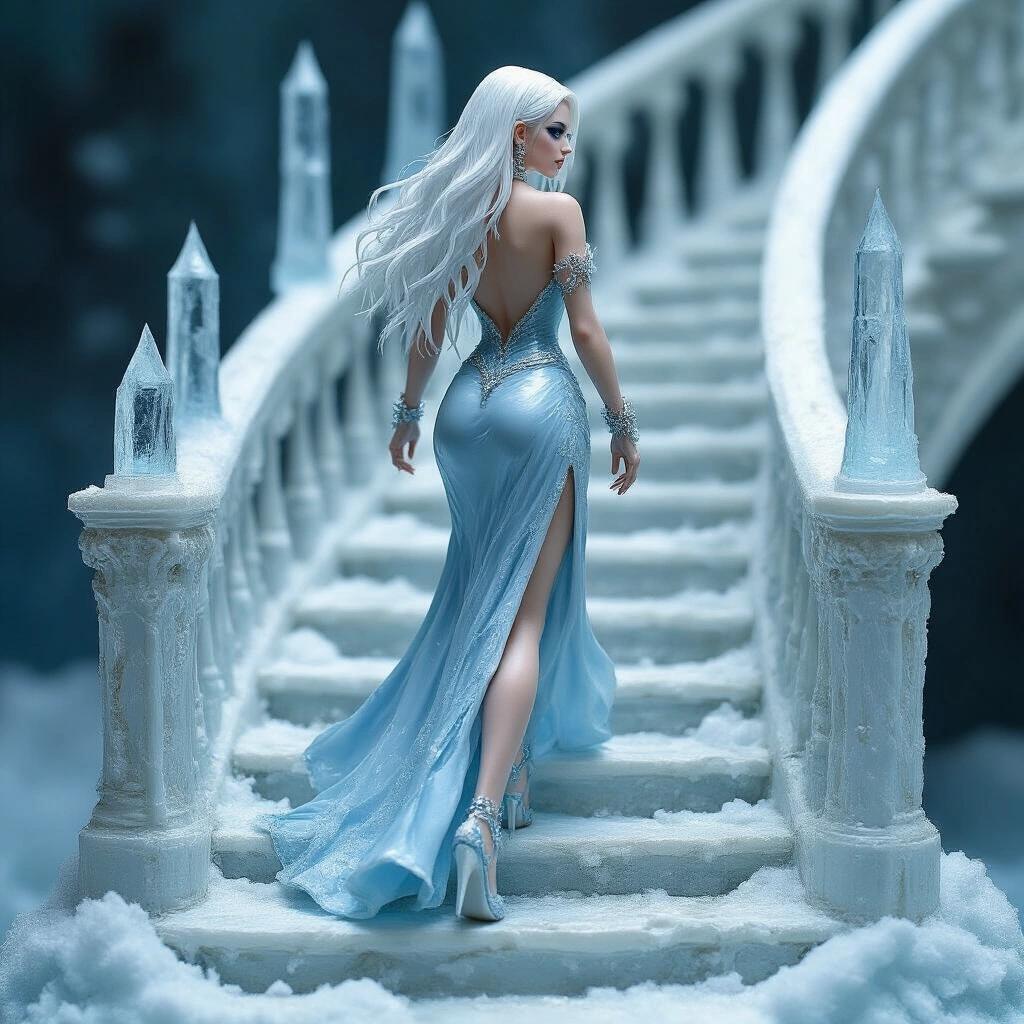 Ultra-detailed resin figure of an Ice Sorceress. She walks up an icy staircase with her back to the camera, glancing away. Long white hair, icy blue eyes, elegant makeup, seductive demeanor. Shiny whitish-blue dress with a plunging neckline and leg slit. High heels and ice crystal jewelry are worn. The base has a half-finished staircase, snowy textures, and ice towers.