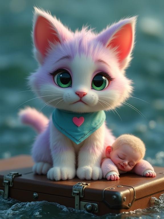Fluffy anthropomorphic kitten with pastel pink and lavender fur. Creamy white belly and large expressive green eyes. Oversized Pixar-style head with soft rounded features. Tiny paws and perky ears. Light blue bandana with stitched pink heart. Swaddled baby beside the kitten on a vintage suitcase. Rough dark ocean background. Poignant and heartbreaking atmosphere.