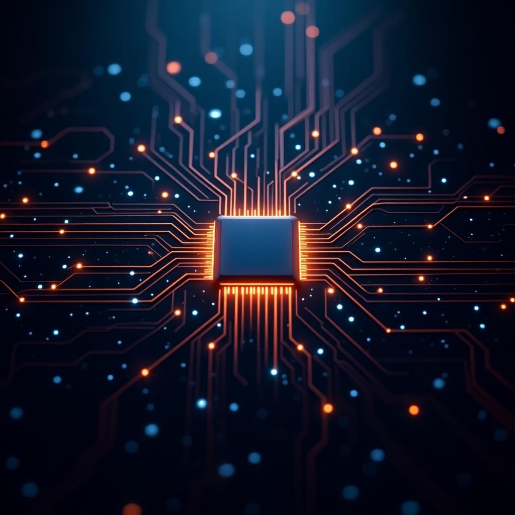 This image features a sleek, modern design focusing on a high-tech electrical circuit board. At its center, there's a glowing microchip with interconnected pathways radiating outward. The pathways are enhanced by vibrant orange and blue lights, contrasting against a dark background. This design symbolizes fast data transfer and technology innovation. The overall aesthetic is visually striking yet clean, providing a professional look suitable for tech-related content.