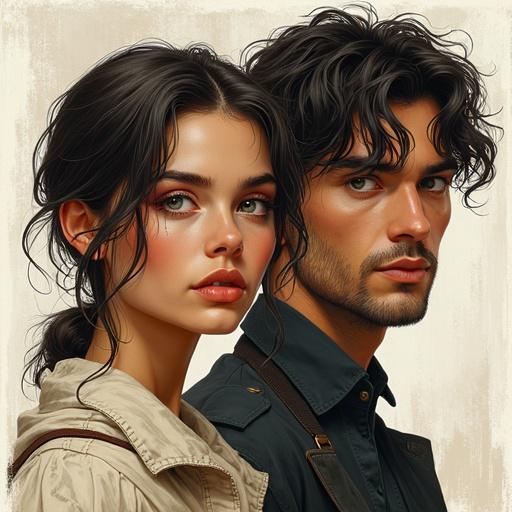 Drawing of a woman with short brown hair and brown eyes standing next to two dark-haired men in a fantasy world.