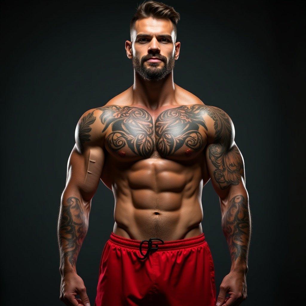 Muscular man with tattoos. Strong body and defined abs. Sporty look with red shorts. Inspiring image related to fitness and health.