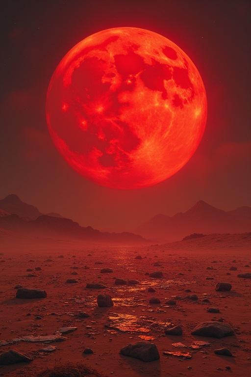 Red moon looms large over a desert floor. Broken glass scattered across the ground. Shadows of small armies visible among the ruins. Vast land stretches into the distance.