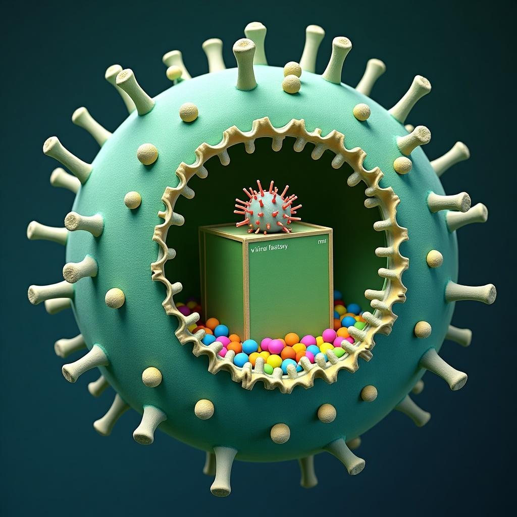 An amoeba cell with a green mimi virus with yellow spikes inside. The cell is split open, revealing double-stranded DNA and colorful particles. There is a green box labeled viral factory within the amoeba, surrounded by small colorful particles. A sputnik virus sits on top of the viral factory.