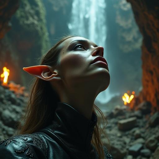 Creative portrait shot from an upward angle showcasing an alien woman in a cavern. Textured appearance with brushstroke effects. Features pointed ears with avant-garde makeup. Lit by torches with a waterfall in background. Dark and decadent atmosphere.