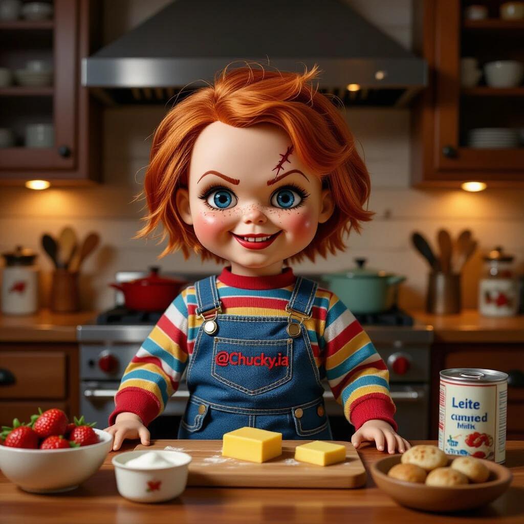 Ultra-realistic kitchen scene with warm lighting. Lifelike doll with red-orange hair and blue eyes stands behind a wooden countertop. The doll wears a striped shirt and blue overalls with @Chucky.ia. The countertop has strawberries, condensed milk, powdered milk, butter, and a portable stovetop. The doll points at the viewer with a villainous grin.