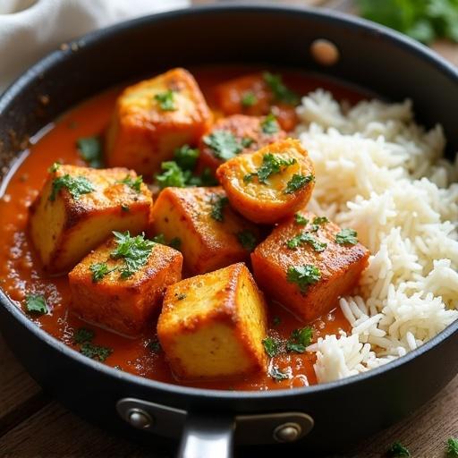 A pot contains paneer biriyani with Basmati rice. The dish features golden paneer cubes in tomato sauce garnished with green herbs. Long-grained Basmati rice sits alongside the paneer.