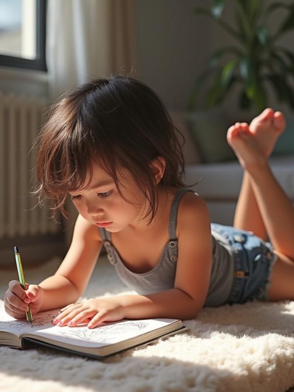 A young girl lies on her stomach in a living room. She colors in a sketchbook while kicking her feet. She wears shorts and a fitted cami. The atmosphere is cozy and playful. Soft natural light illuminates the scene.