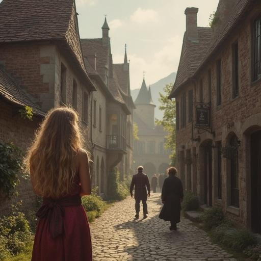 Girl stands on a cobbled street in a medieval town. Surrounding buildings are old and charming. Soft lighting creates a warm atmosphere. Shadowy figures walk in the distance. Scene evokes a sense of adventure and history.