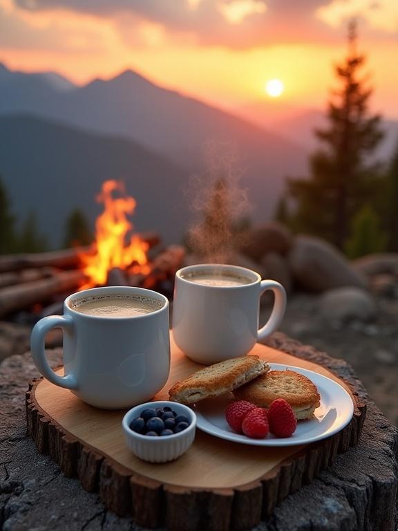 Image of a breakfast scene featuring coffee mugs toast and fresh fruit against a mountain backdrop. Campfire burning in the background with a colorful skyscape.