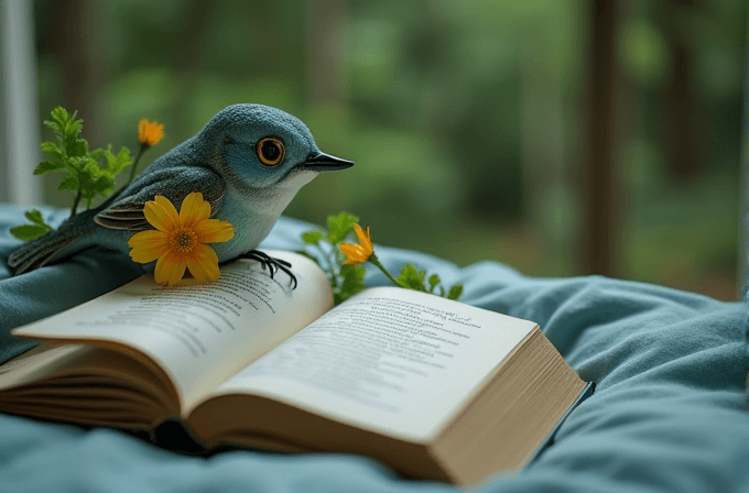 A small blue bird sits on an open book near a yellow flower on a soft, blue surface with a gentle, blurred green background.