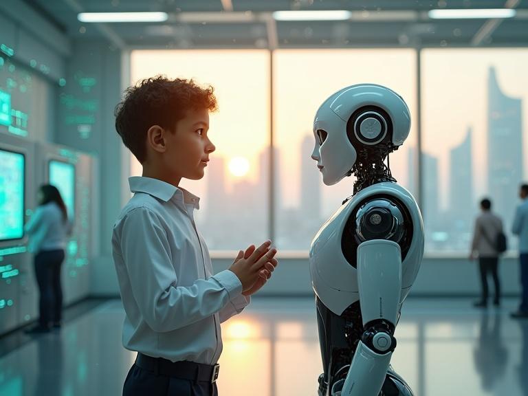 A young student in modern futuristic school uniform interacts confidently with a humanoid robot. The setting is a high-tech lab with a futuristic Jeddah skyline in the background. Warm lighting creates an inspiring atmosphere. Branding elements for Manarat Jeddah Schools are visible. Color palette features blue, white, silver, with hints of gold and emerald green. The overall mood is hopeful and empowering, focusing on robotics education.