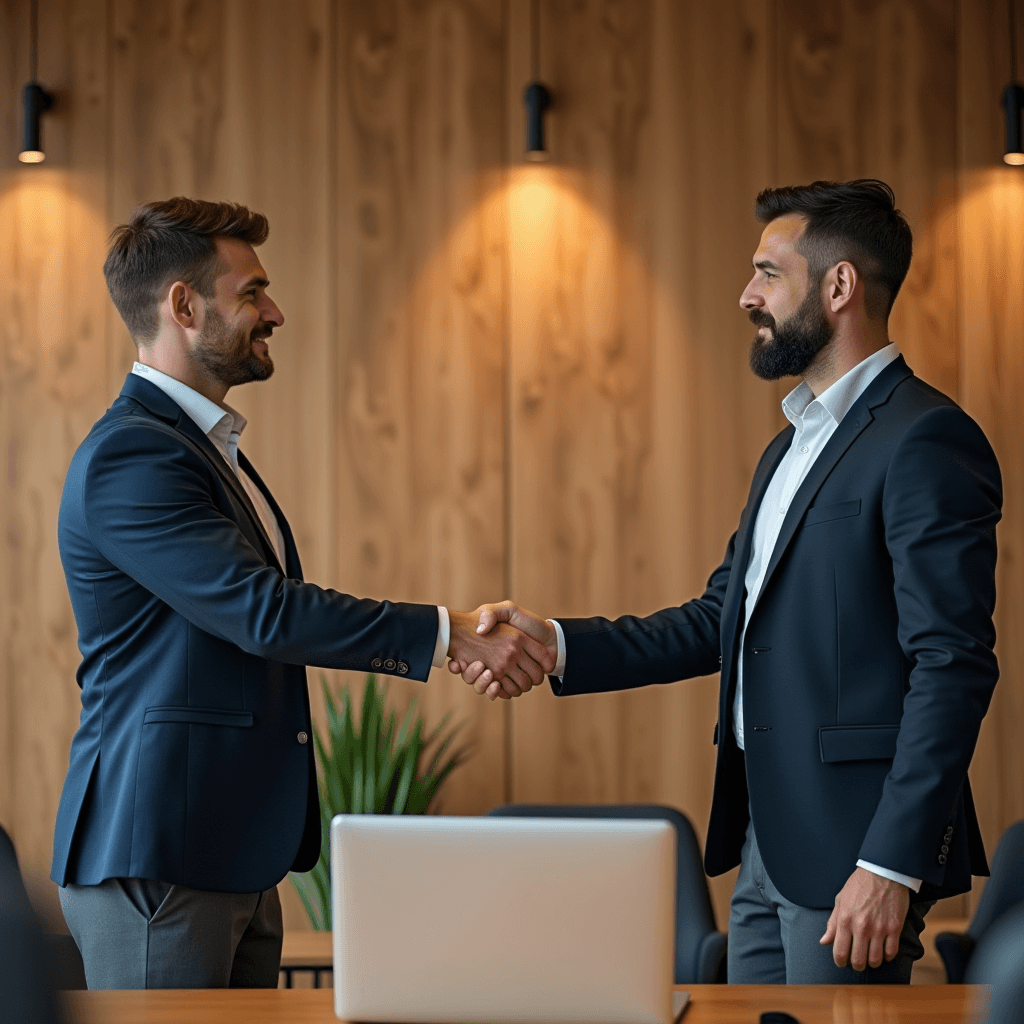 Two businessmen shaking hands in a modern office setting.