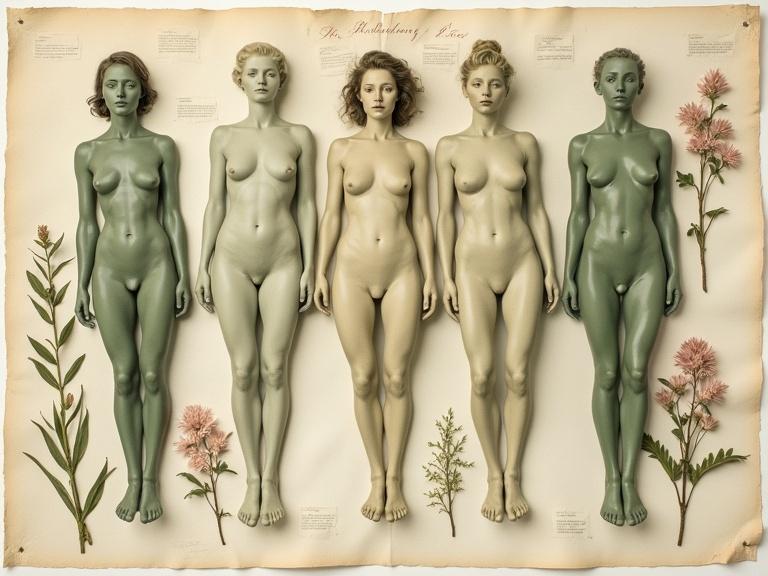 Acrylic still life styled like old botanical plates. Pressed women bodies on parchment-textured surface. Muted greens, soft creams, dusty pinks, with finely detailed handwritten labels. Mood is quiet, scholarly, nostalgic.