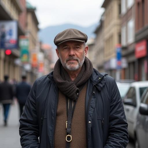 Caucasian man standing in urban street with buildings and people in Tbilisi. The man wears a dark coat and scarf, depicted in a city environment with soft natural lighting.