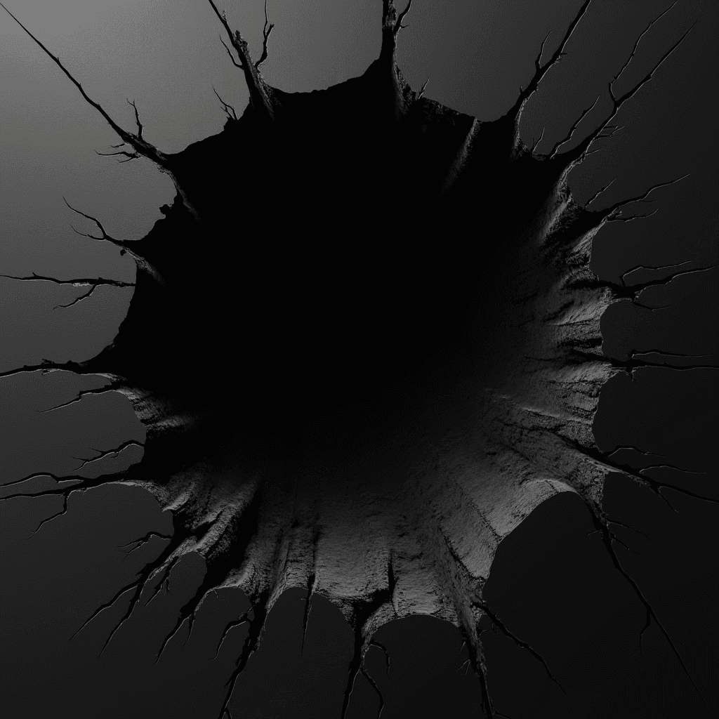 An abstract image depicting a dark, jagged hole with branching cracks extending outward.