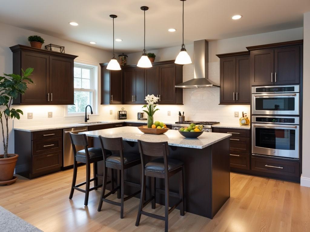 This is a modern kitchen interior design. The cabinetry is dark wood, providing a contemporary contrast to the bright countertops. A large island sits at the center, topped with elegant granite, perfect for meal preparation and dining. Pendant lights hang from the ceiling, illuminating the space with a warm glow. Stainless steel appliances add a sleek look, creating a functional cooking area. The flooring is made of light hardwood, tying in with the overall modern aesthetic. There are decorative elements, such as a wooden bowl with fruit, to add warmth and character.