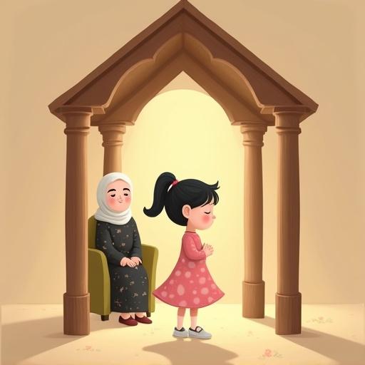 Flat-style children's illustration showing a wooden structure with four columns. A young girl stands with hands to her chest, eyes hidden, showing discomfort. A grandmother sits calmly in the background. Soft lighting and dust create tension and warmth in the scene.