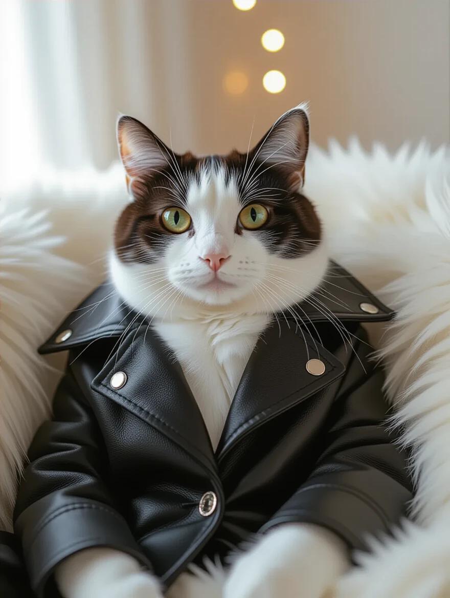 A stylish white cat with a brown leather patch over its eye. Cat wears a black leather coat. Cat is seated on a fur sofa. The background features light-colored walls and soft lighting. The atmosphere is relaxed. Image captured with professional photography techniques.